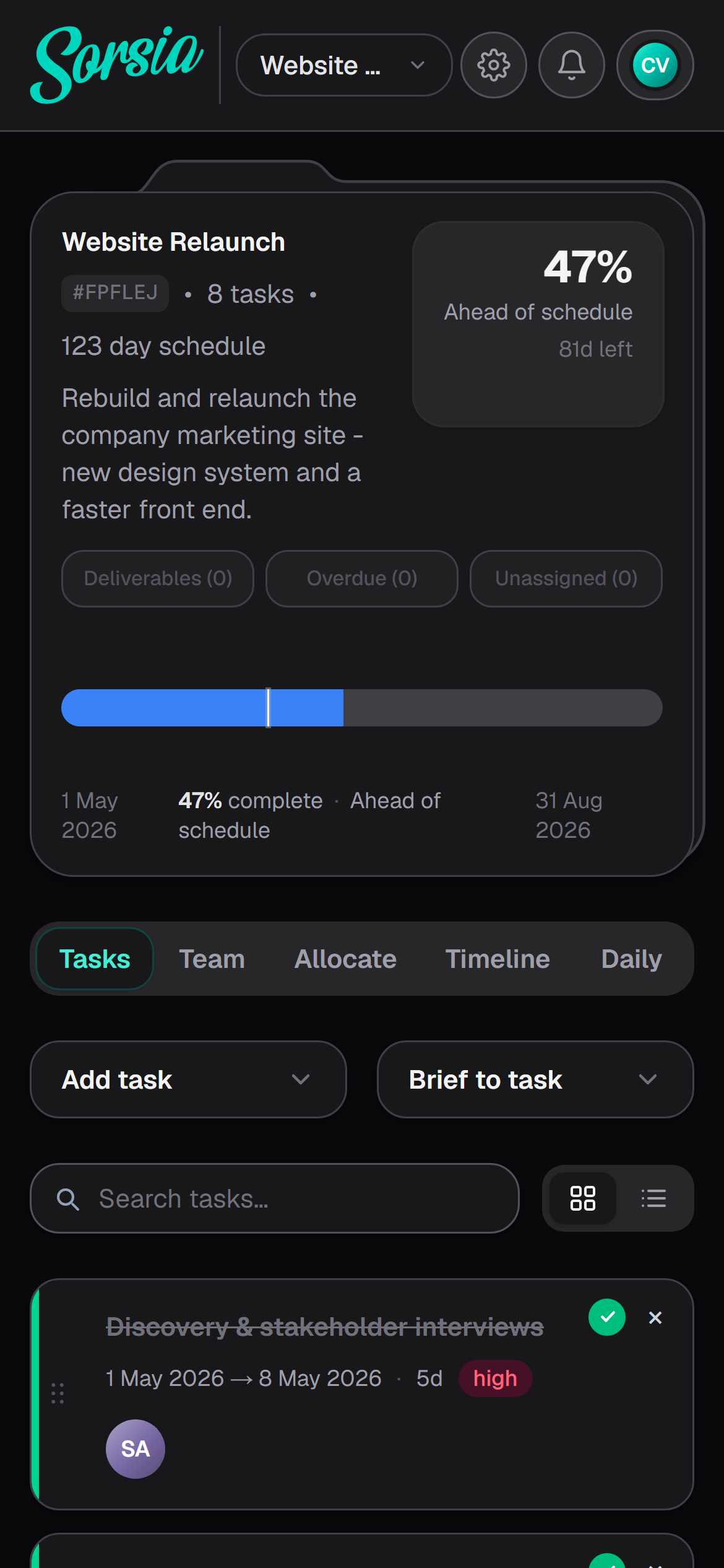 Sorsia on a phone: the Website Relaunch project with progress, tabs and task list