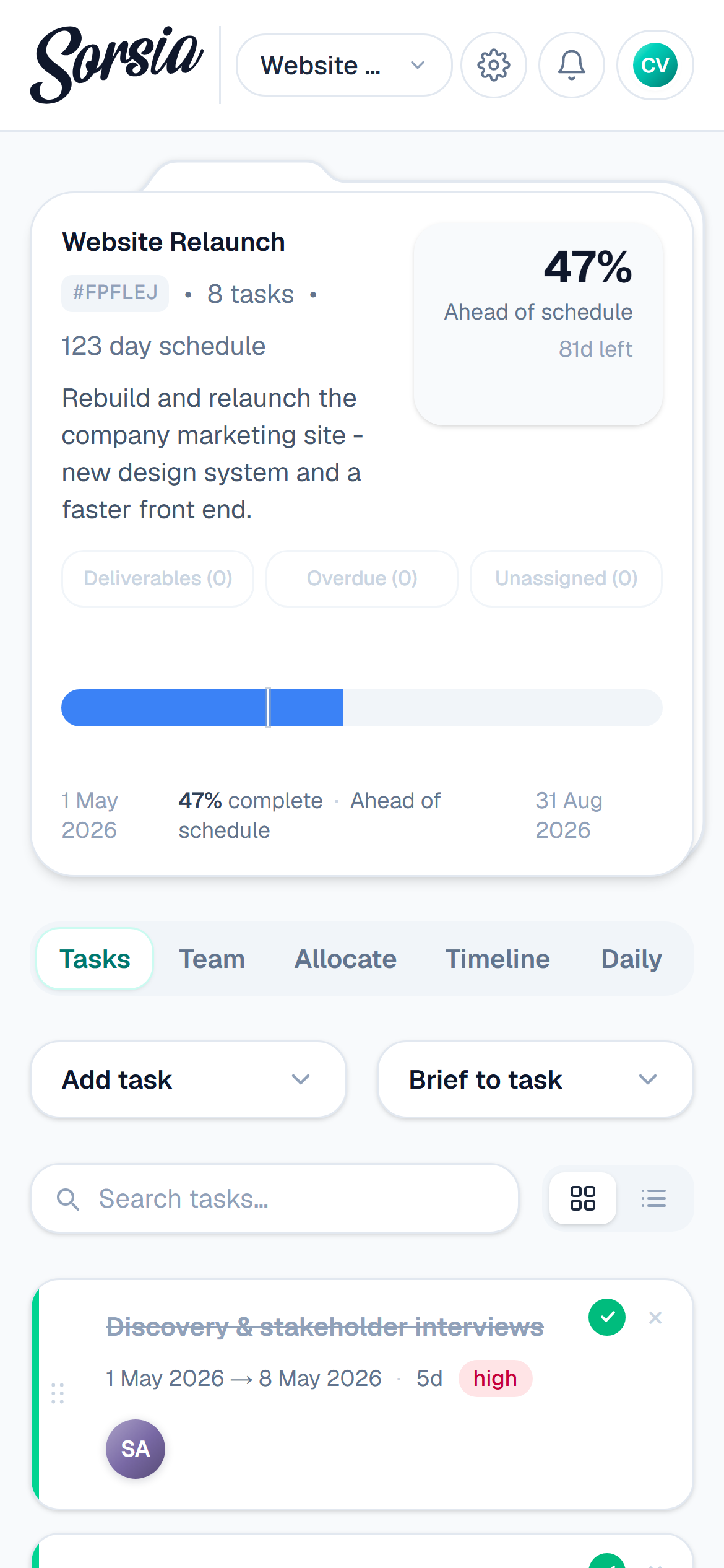 Sorsia on a phone: the Website Relaunch project with progress, tabs and task list